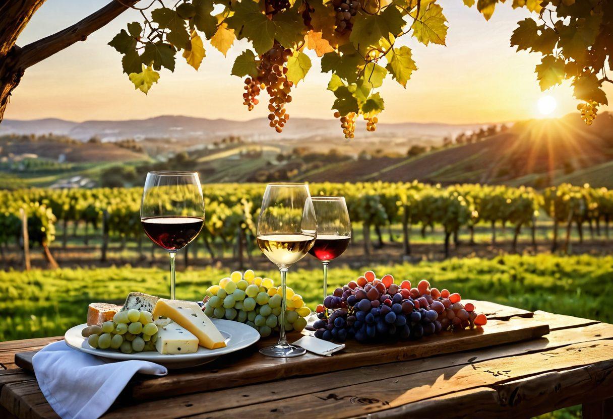 A scenic vineyard at sunset, with clusters of ripe grapes hanging from the vines. In the foreground, a rustic wooden table set with elegant wine glasses, a decanter, and a cheese platter. Soft golden light illuminating the scene creates a warm and inviting atmosphere, inviting viewers to unwind and savor the moment. Cheerful guests enjoying wine tasting as they laugh and toast. super-realistic. vibrant colors. warm tones.