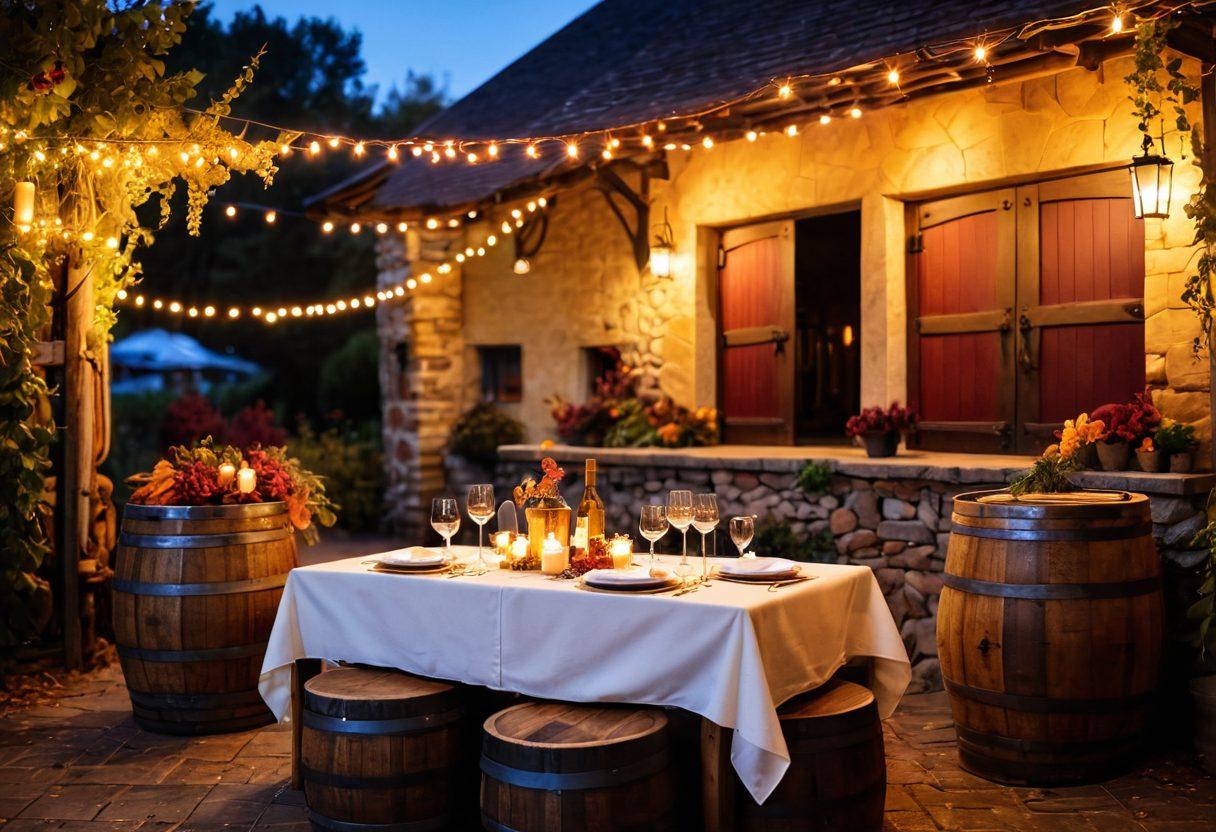 A cozy winery scene with twinkling fairy lights hanging overhead, wooden barrels stacked neatly, and a rustic wooden table set for a romantic dinner with glasses of wine and a cheese platter. The backdrop features vibrant grapevines in autumn colors, and a setting sun casts a warm golden glow. Include a couple sharing a toast, encapsulating the theme of intimacy and happiness. vibrant colors. super-realistic. soft focus.