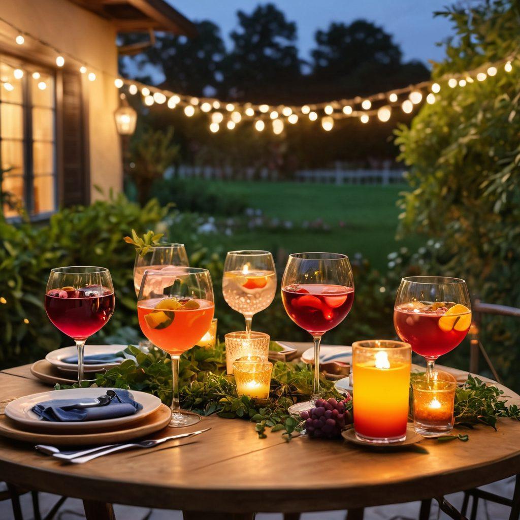 A cozy outdoor gathering at dusk, featuring a beautifully set table with elegant wine glasses filled with colorful cocktails, surrounded by lush greenery and twinkling fairy lights. Friends are laughing and clinking glasses, creating a warm atmosphere. Include a serene sunset in the background to evoke tranquility and joy. super-realistic. warm tones. vibrant colors.